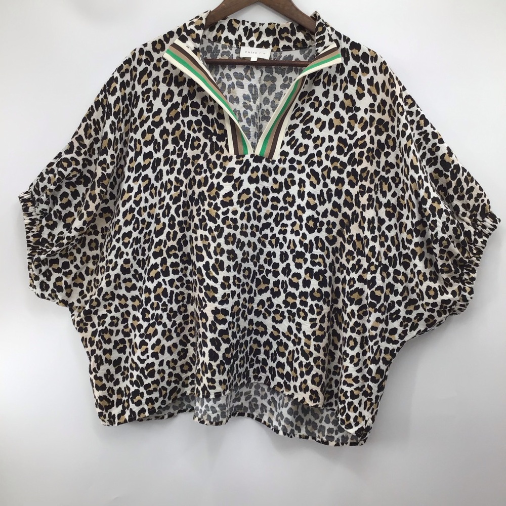 Entro Leopard Print Split-Neck Blouse With Green … - image 2